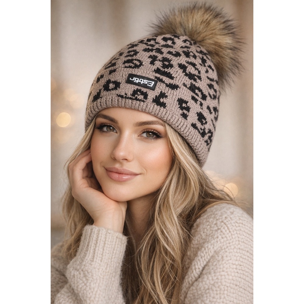 Eisbar Leopard Print Merino‎ Wool Blend Beanie Faux Fur Pom Pom Winter Hat Taupe